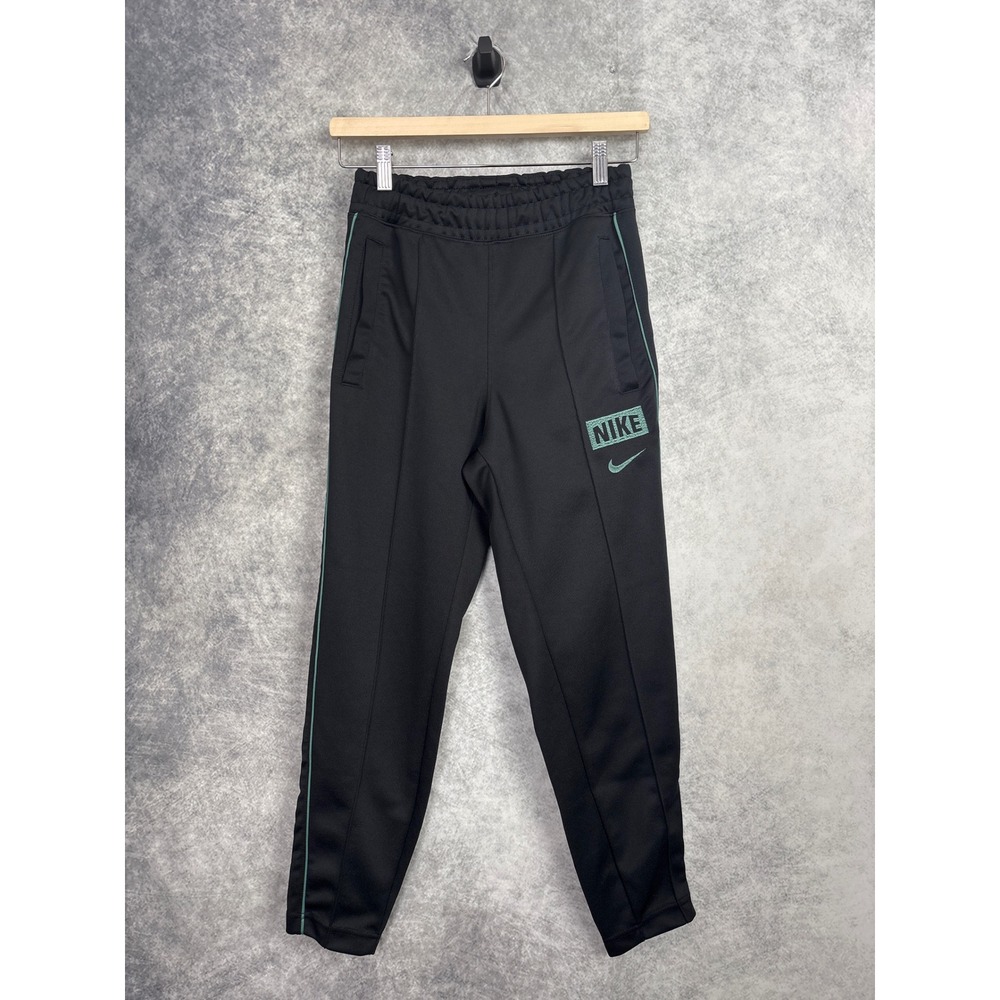 NIKE Sportswear T100 Retro Track Pants Black with Green FJ0558 Open Hem Size XS